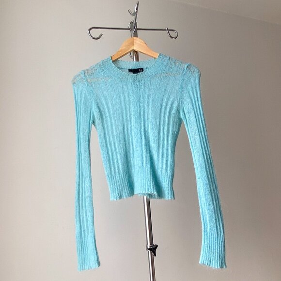 🍂Turquoise Blue Mohair Blend Thin See Through Long Sleeve Ribbed Knit Top - Picture 1 of 8